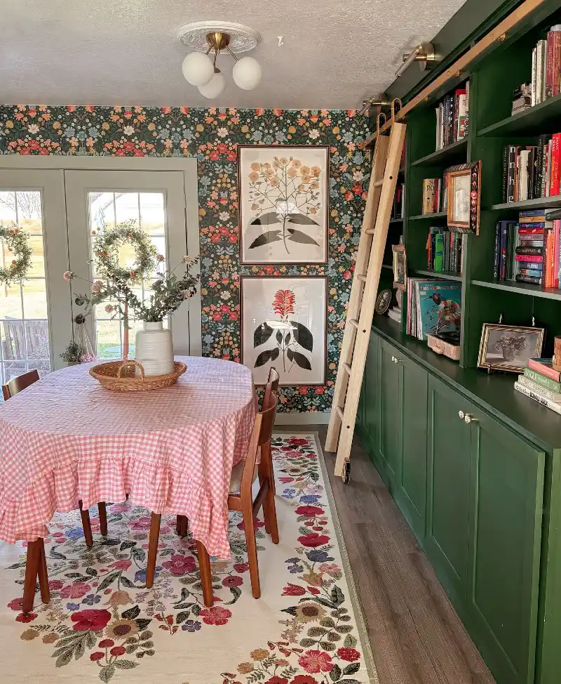 Forest Green Built-ins with Floral Wallpaper and Pink Gingham Tablecloth