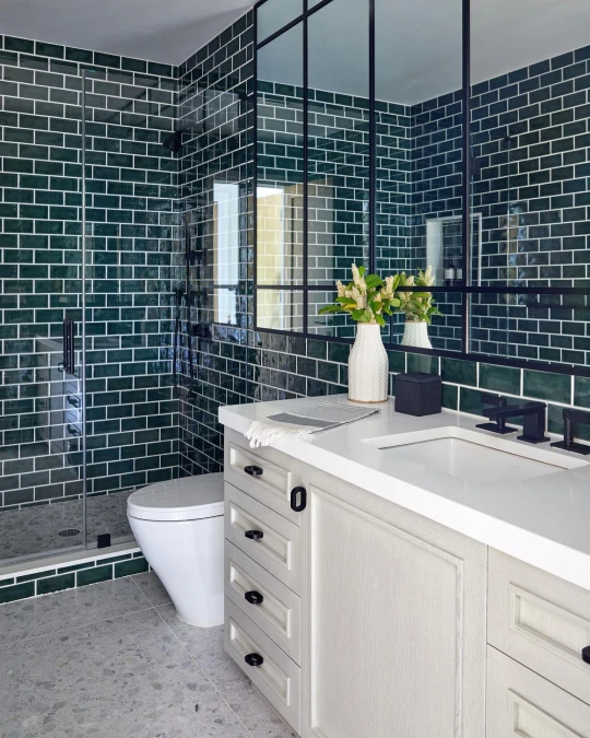Forest Green Tiles and Grid Paneled Mirrors