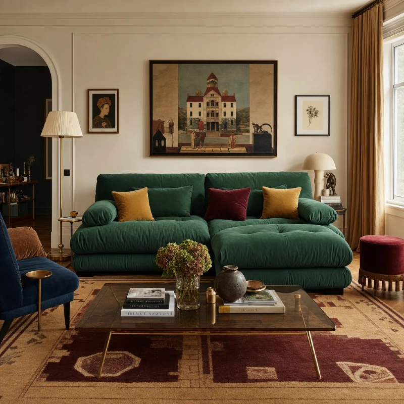 Forest Green Velvet Sofa with Classical Building Artwork and Smoked Glass Coffee Table