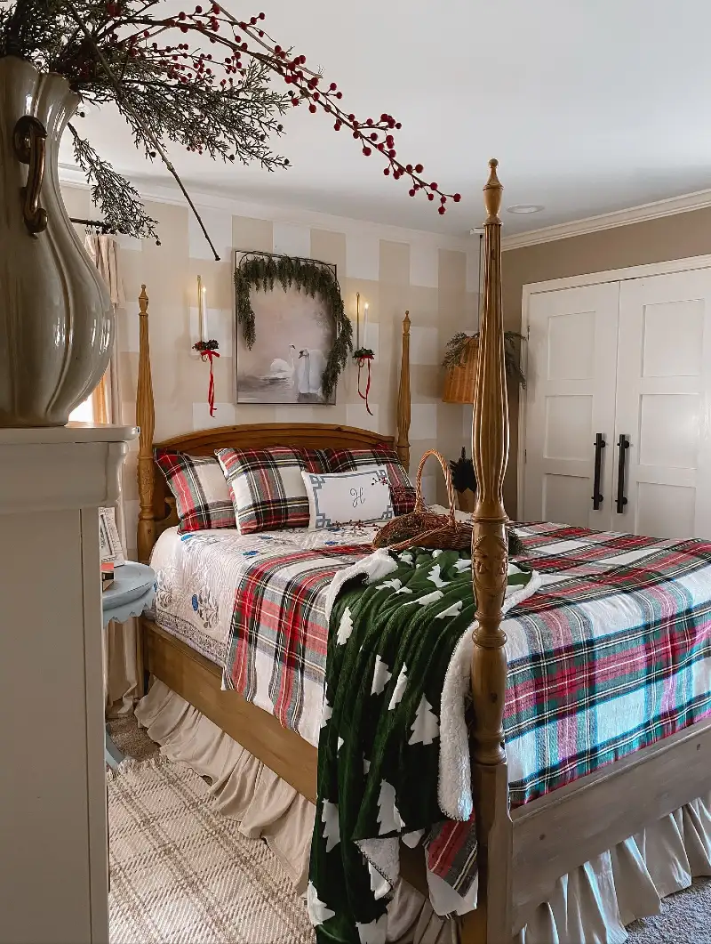 Four-Poster Bed with Tartan Plaid Coverlet and Pine Tree Throw Blanket