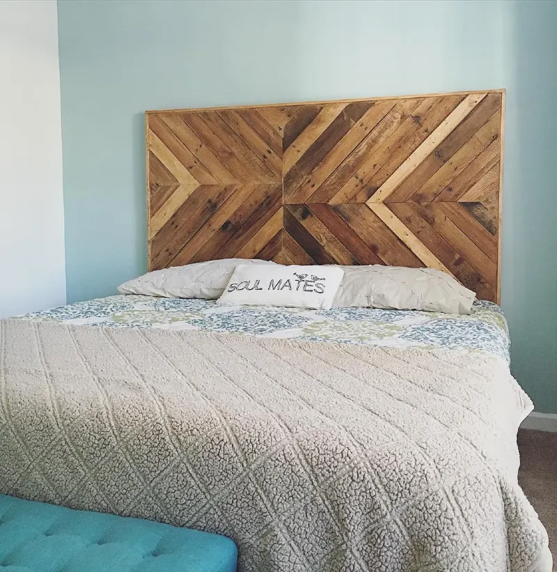 Framed Chevron Reclaimed Wood Plank Headboard against Powder Blue Walls