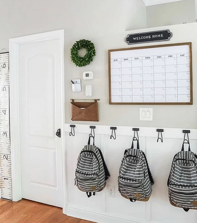 Framed Whiteboard Wall Station with Board and Batten Hooks and Leather Envelope Pocket