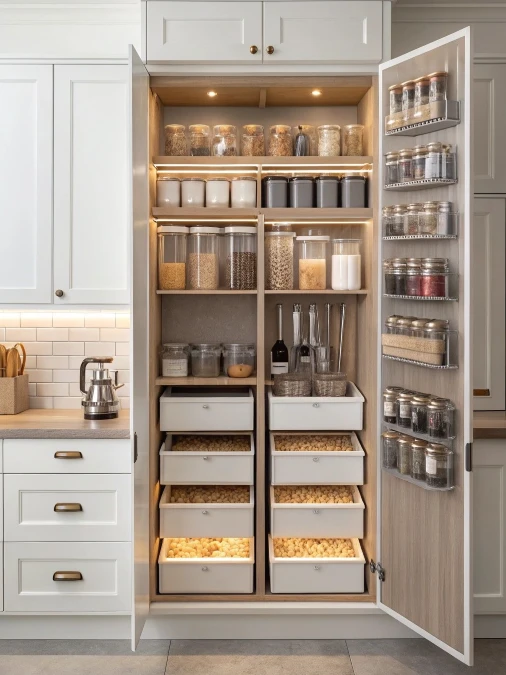 Full Height Pantry Cabinet with Door Racks Pull Out Drawers and LED Shelf Lighting