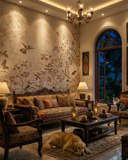 Full Wall Botanical Mural Behind Carved Wood Seating