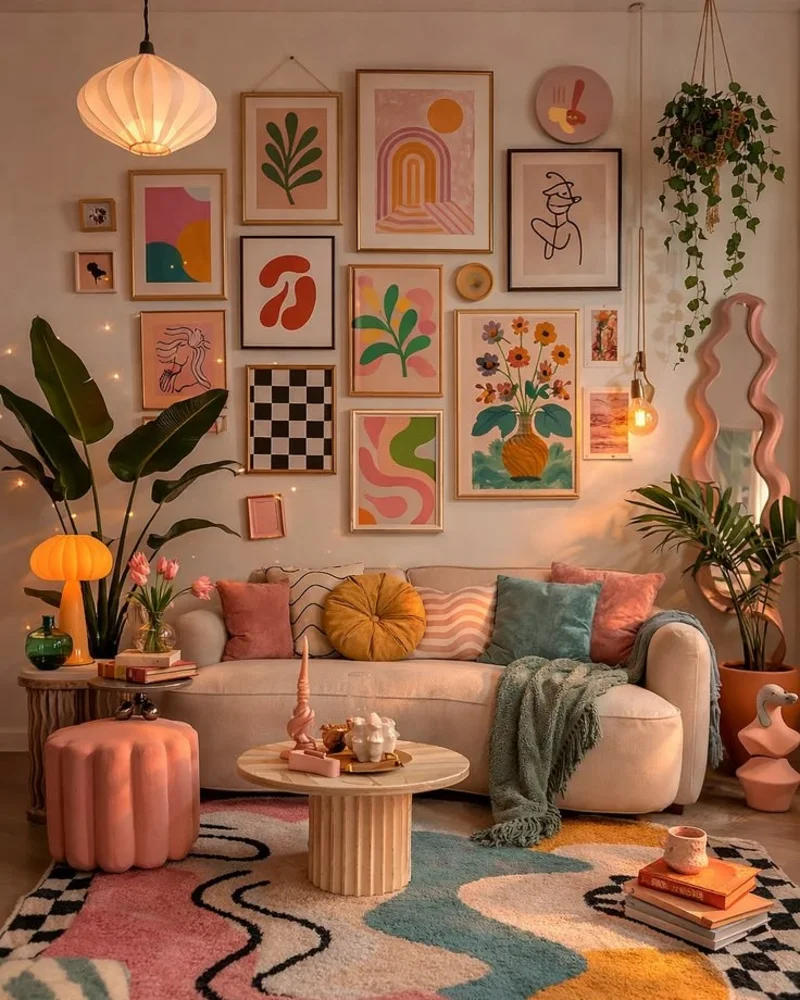 Gallery Wall Living Room with Warm Sunset Lighting and Plush Textural Layers