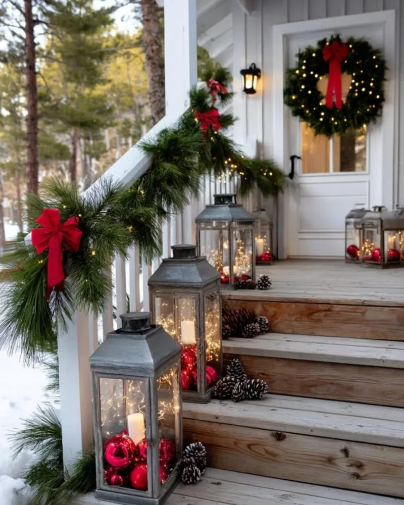 Galvanized Metal Lanterns with Red Baubles, Fairy Lights, and Staircase Pine Garland