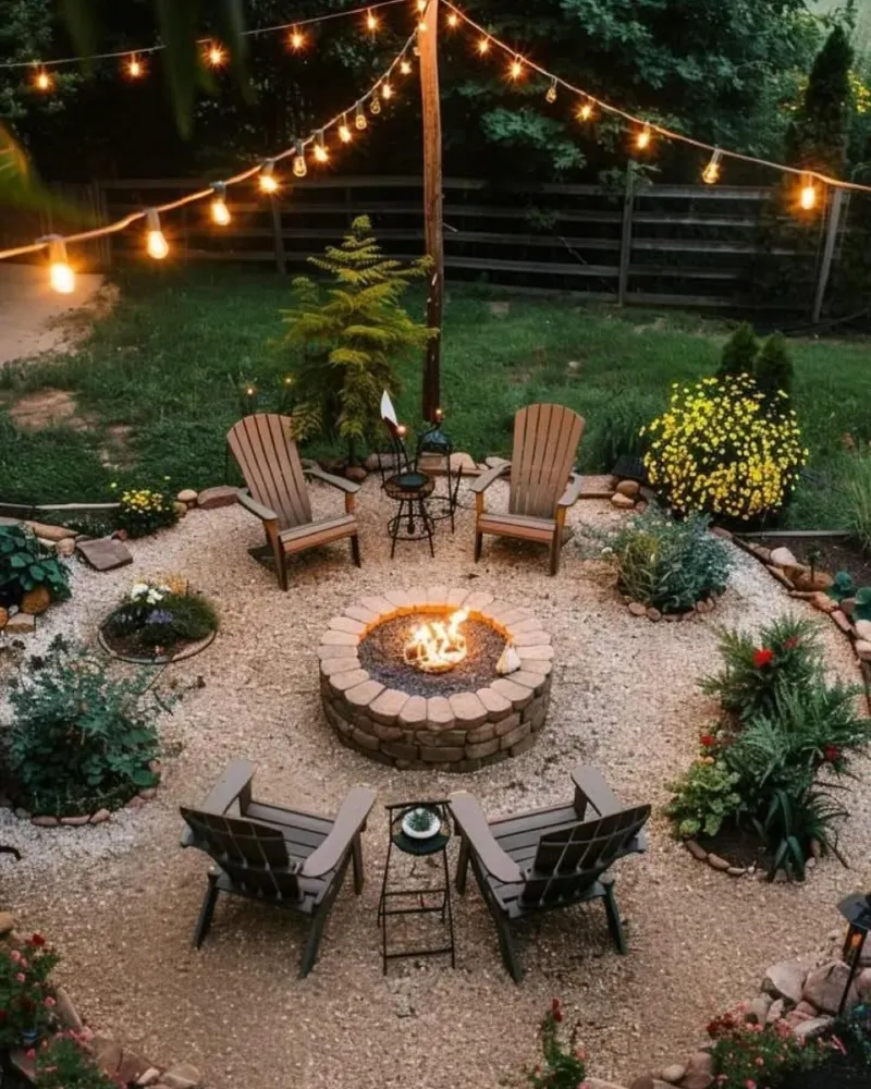 Garden Ring Fire Pit with Flower Beds and Café String Lights