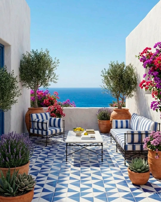 Geometric Blue Tiles and Striped Coastal Seating