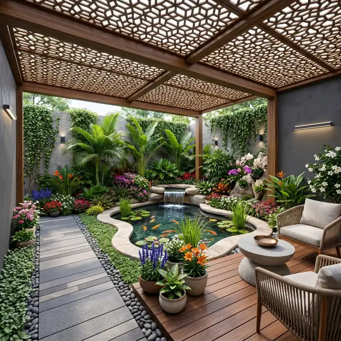Geometric Lattice Roof Over Tropical Enclosure