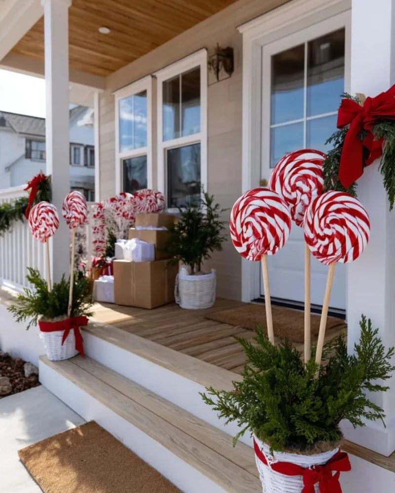 Giant Candy Lollipops with White Wicker Planters and Stacked Kraft Paper Boxes