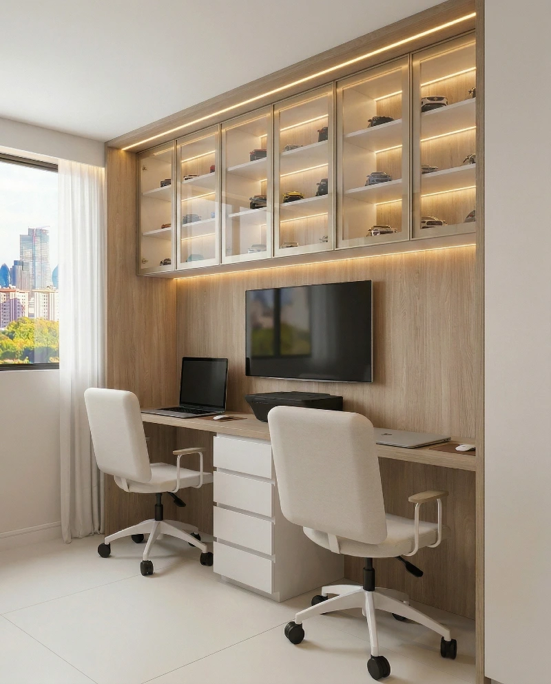 Glass Display Cabinets with Floating Dual Workstation and Warm LED Lighting