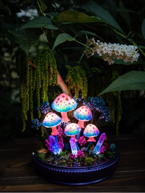 Glowing Neon Mushroom Crystal Terrarium