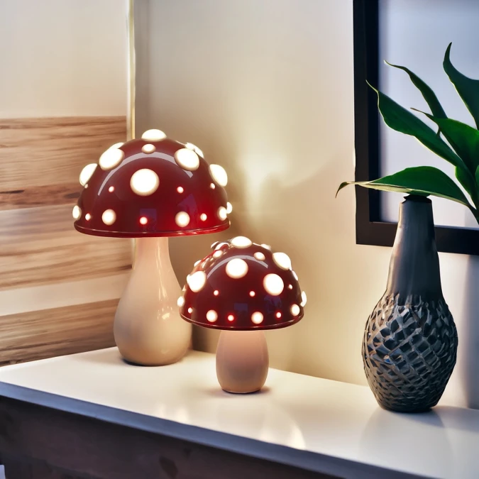 Glowing Red Mushroom Lamp Duo