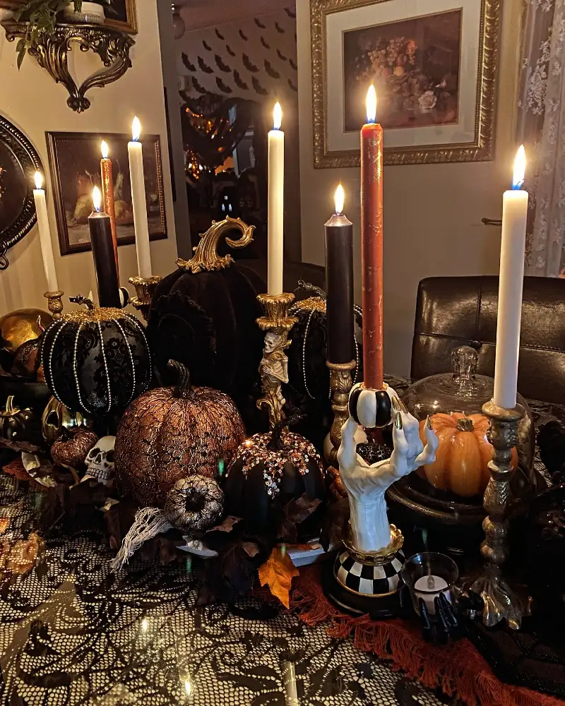 Gothic Candlelit Tablescape with Velvet Pumpkins and Ornate Brass Holders