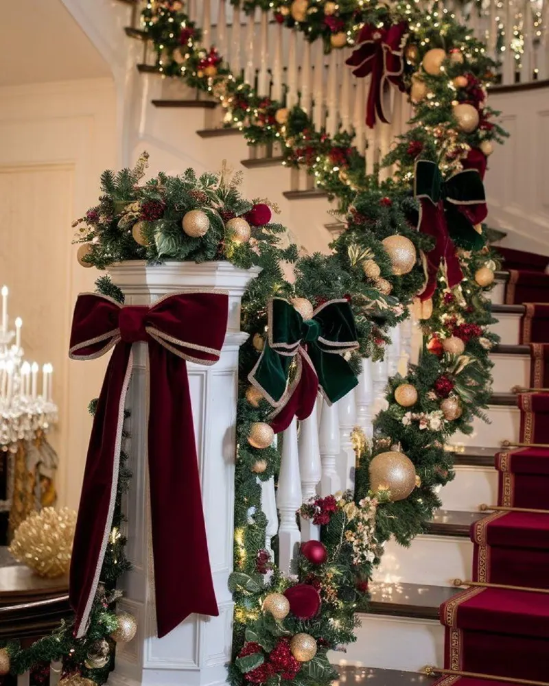 Grand White Staircase with Velvet Bows and Glittering Bauble Garland