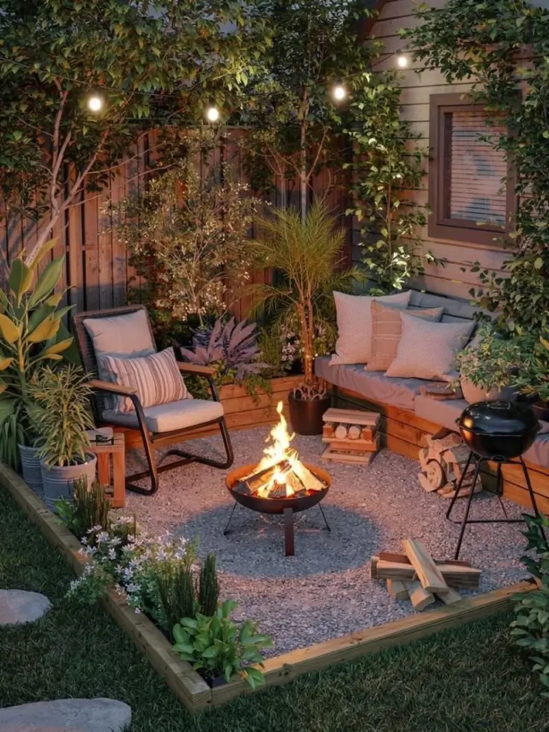 Gravel Fire Pit Corner with Built-In Timber Bench and Layered Planting