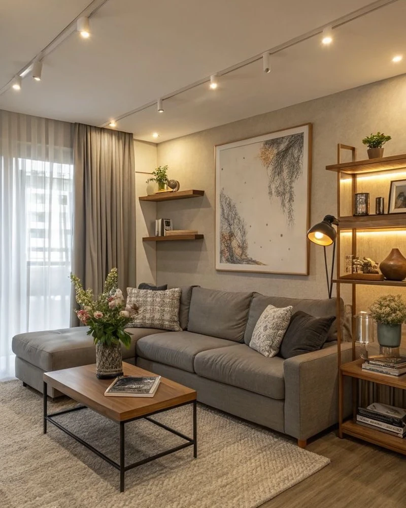 Gray Chaise Sofa with Lit Wood Shelves and Oversized Abstract Art