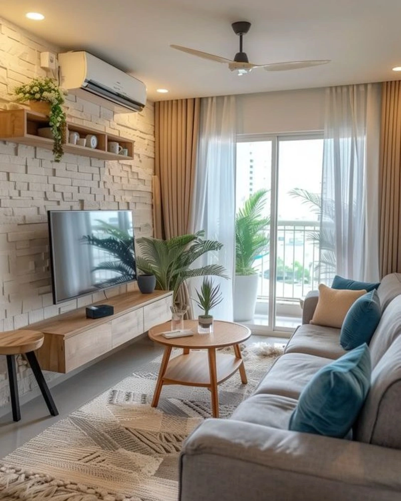  Gray Sofa with Brick TV Wall, Round Coffee Table, and Balcony Light