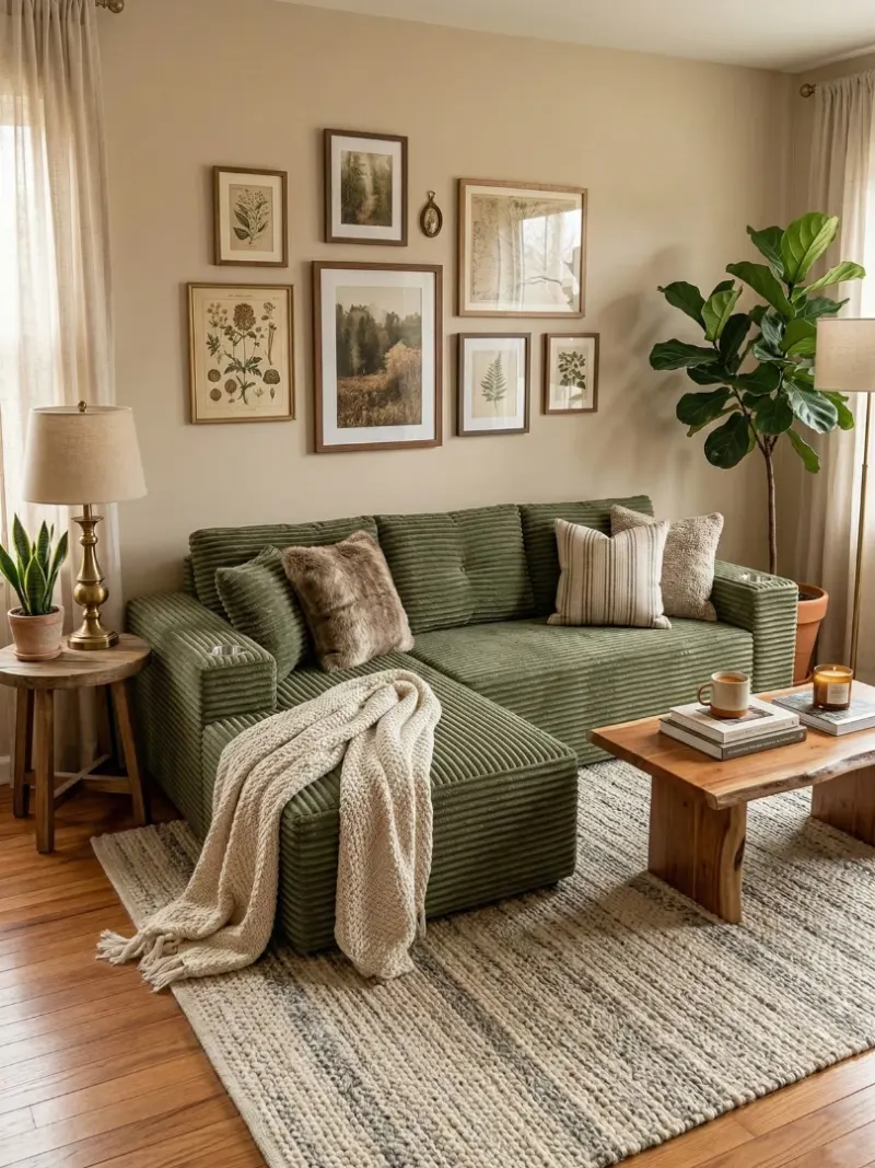 Green Corduroy Sectional Sofa with Asymmetric Wood-Framed Gallery Wall and Live-Edge Coffee Table