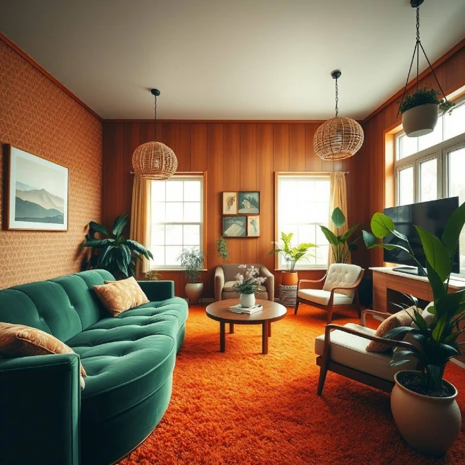 Green Velvet And Orange Shag Carpet