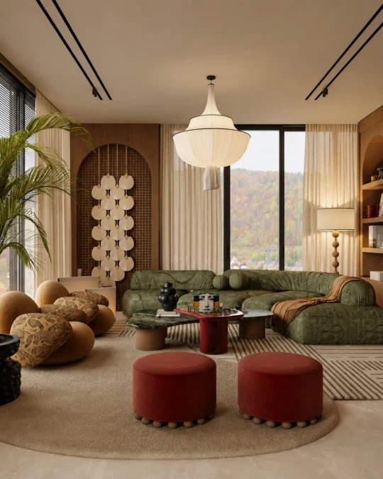 Green Velvet Sofa And Rich Red Accents
