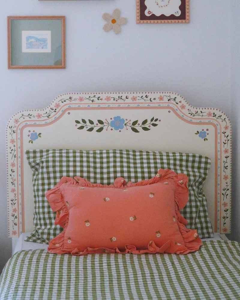 Hand-Painted Floral Folk Art Headboard with Gingham Bedding