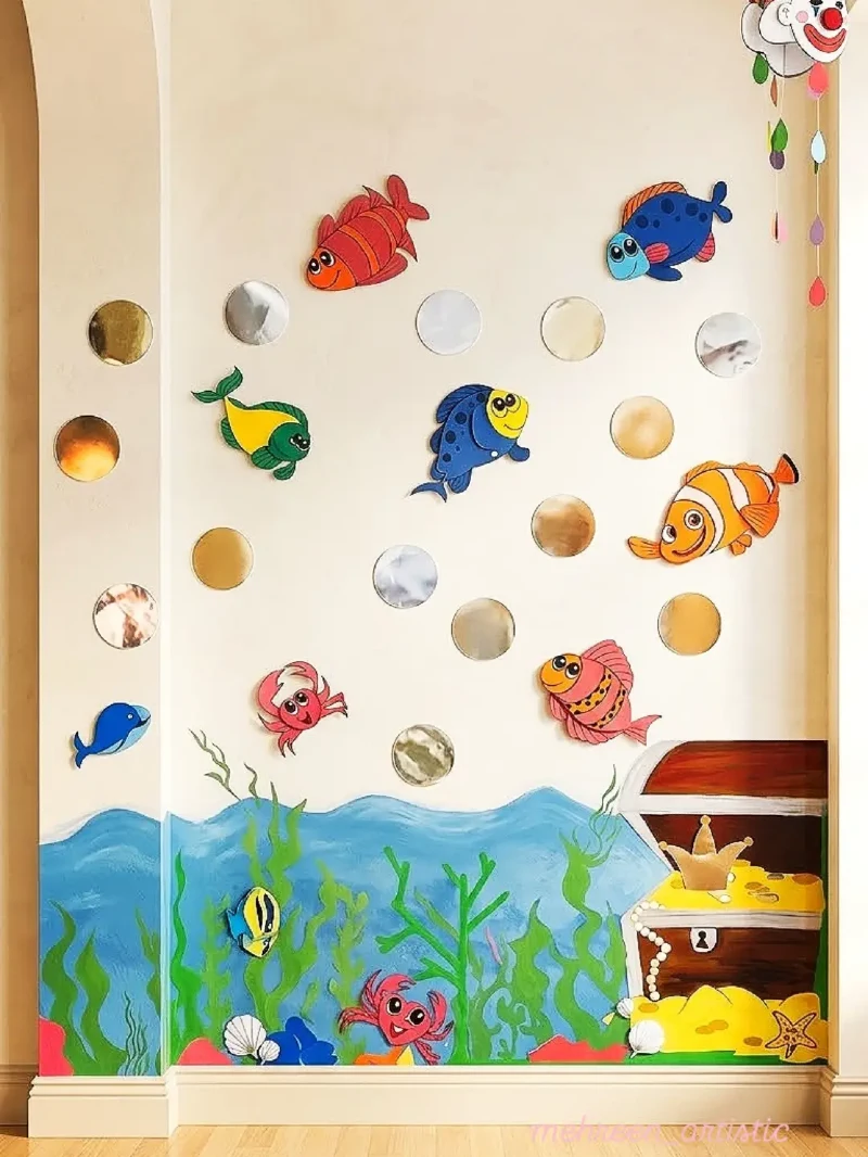 Hand-painted ocean floor mural with 3D cartoon fish cutouts and reflective circular wall decals