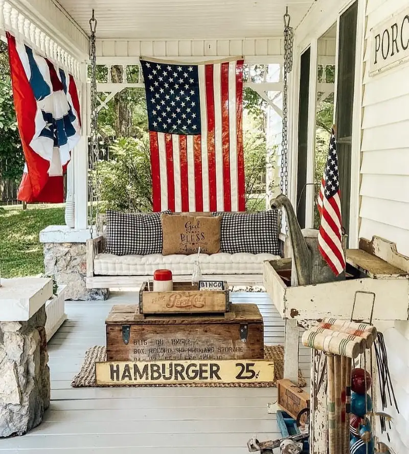 Hanging Swing Bench with Vintage Wooden Crates and Croquet Set