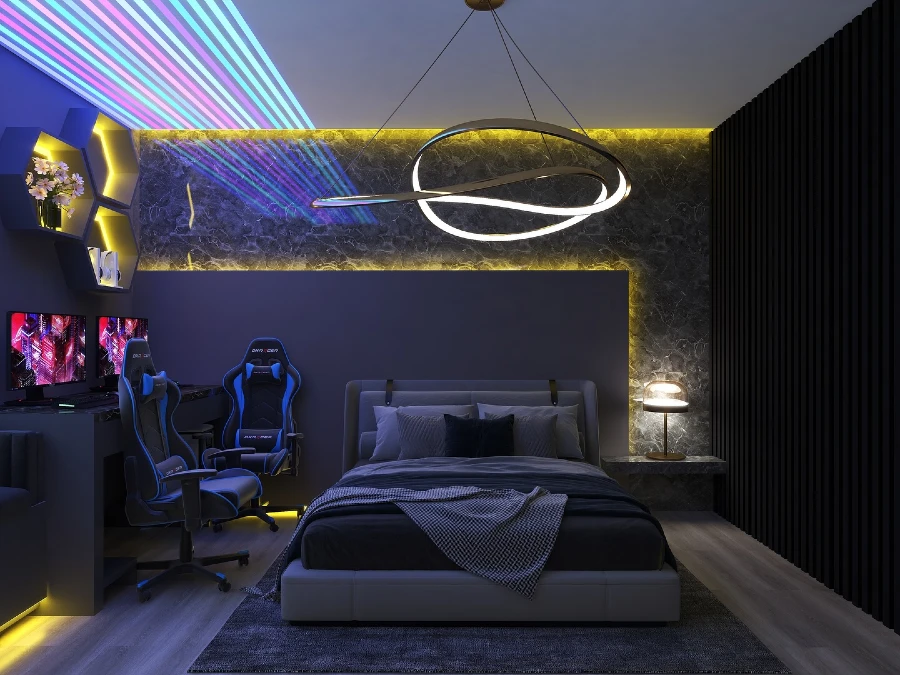High-Contrast Gamer Retreat with Celestial Lighting