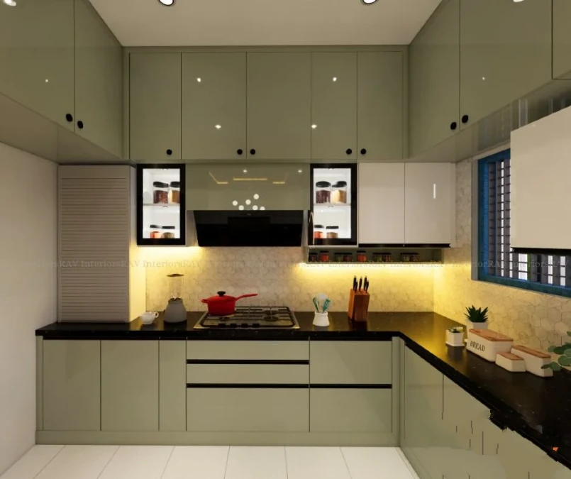 High Gloss Olive Cabinets With Black Countertops