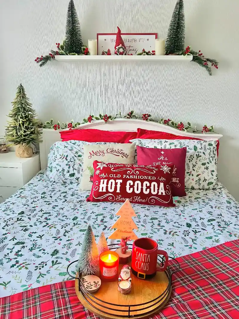 Holly Sprig Bedding with Hot Cocoa Accent Pillow and Holiday Breakfast Tray