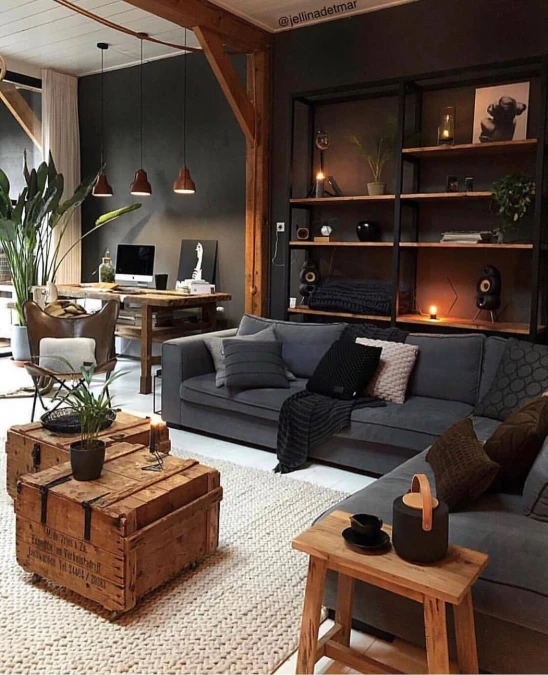 Home Office And Living Room Combo With Vintage Trunk Coffee Table