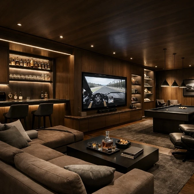 Home Theater Wall Meets Bar and Billiards Room