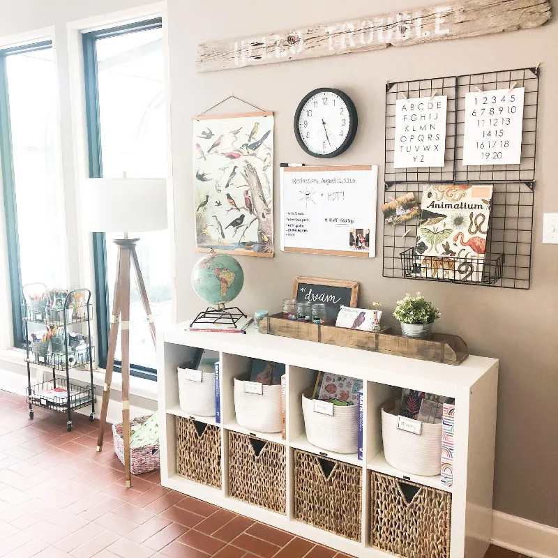 Homeschool Storage Credenza Unit with Wire Grid Board and Woven Bins