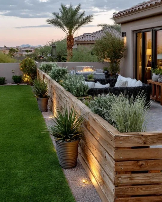 Horizontal Wood Planter Wall With Gravel Border