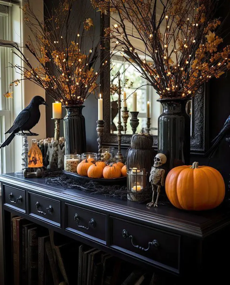 Illuminated Autumnal Branches on a Matte Black Console Table