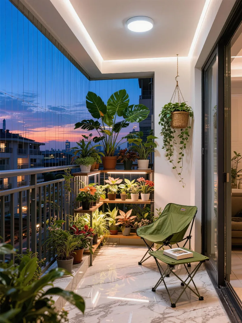 Illuminated Plant Shelves with Sunset Views and a Compact Reading Corner