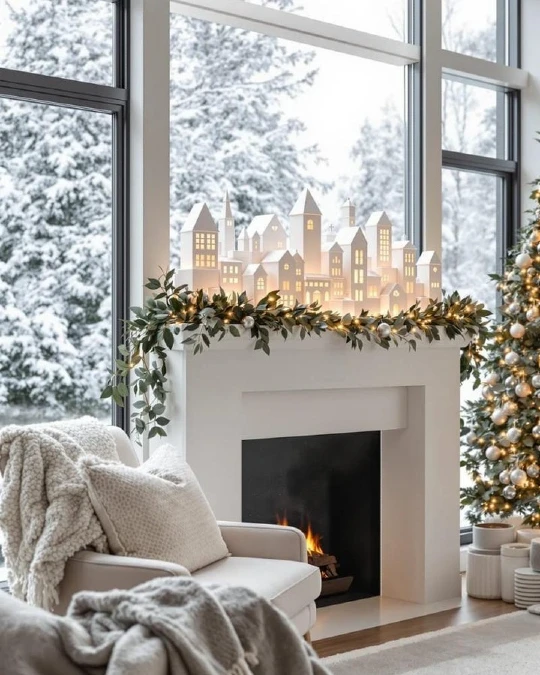  Illuminated Village and Garland Mantel