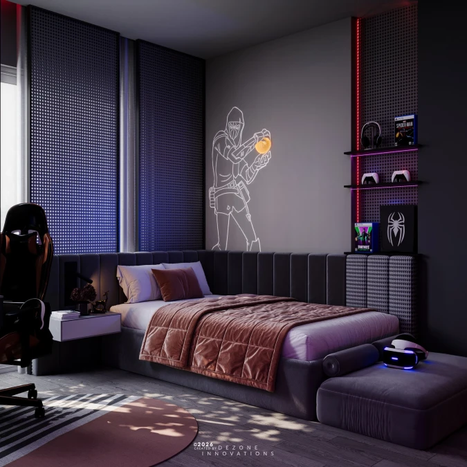 Immersive Corner Lounge with Glowing Wall Art