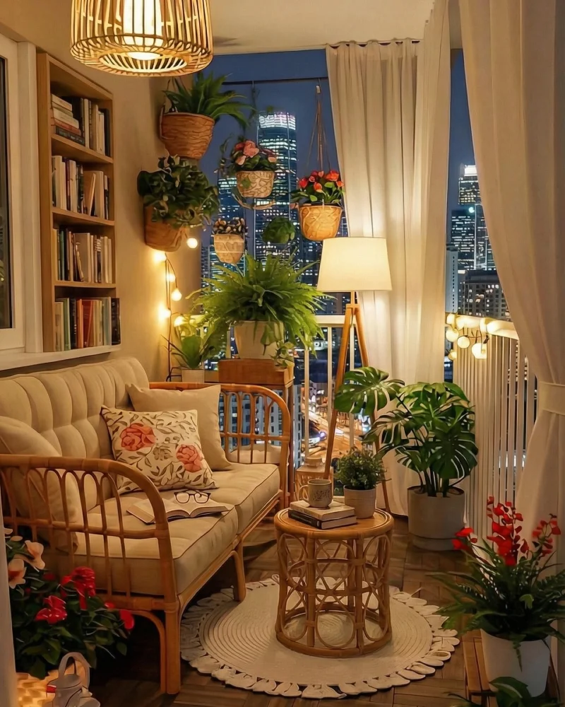 Indoor Balcony Lounge with Rattan Furniture and Hanging Garden