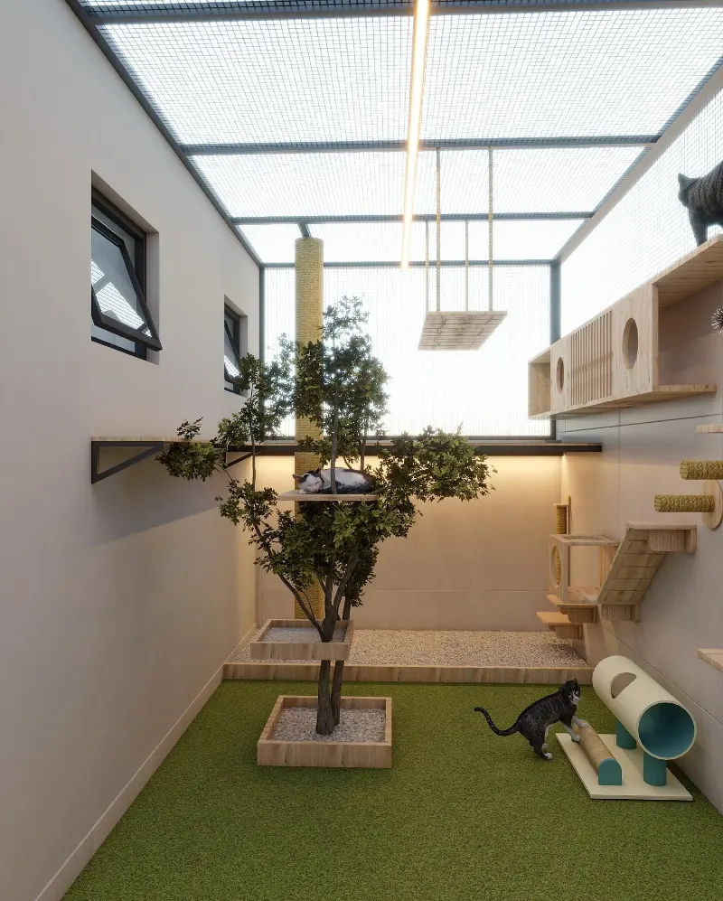 Indoor Cat Atrium with Artificial Grass and Climbing Tree