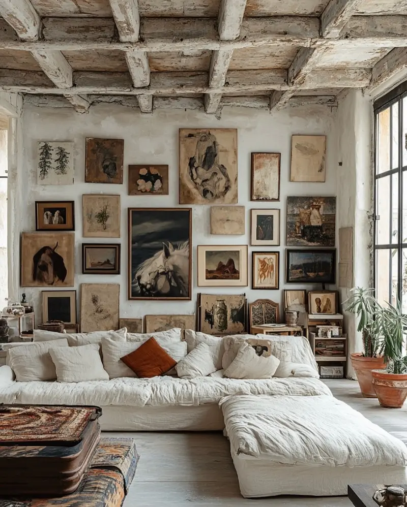 Industrial Loft Living Room with Rustic Wooden Beams, Slouchy Linen Sectional, and Moody Equestrian Art Gallery