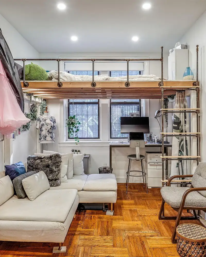Industrial Pipe Loft Bed Frame with Under-Bed Home Office and Oak Parquet Floor