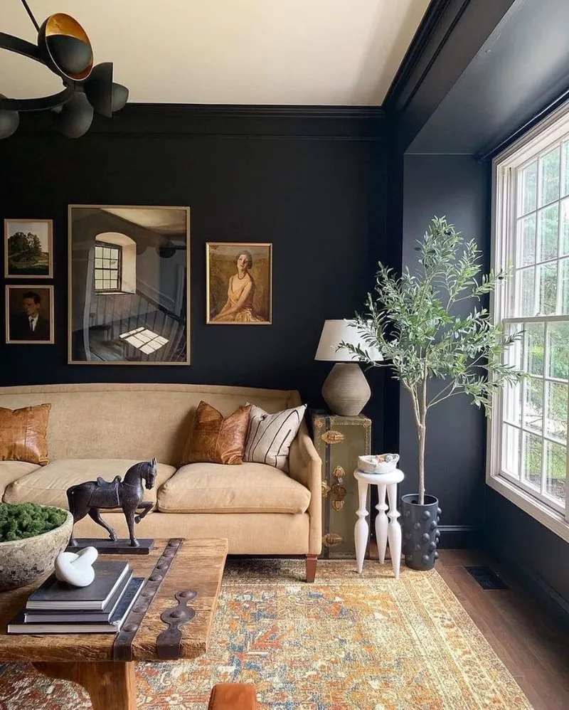 Inky Gallery Wall with Camel Linen Sofa and Vintage Trunk End Table