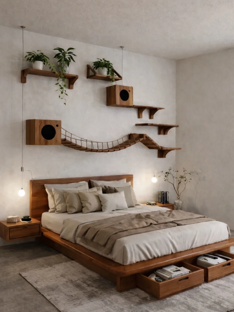 Integrated Bedside Cat Complex with Wooden Bridge and Cubes