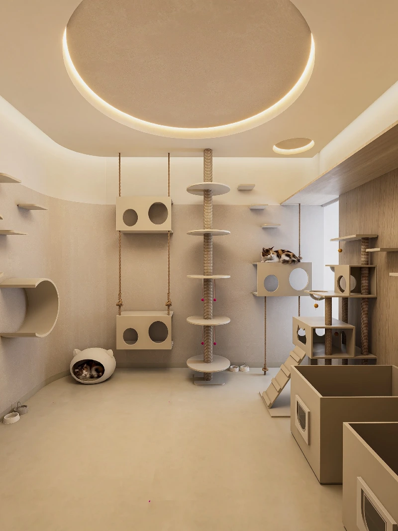 Integrated Feline Playground with Suspended Cubes and Rope Climbers