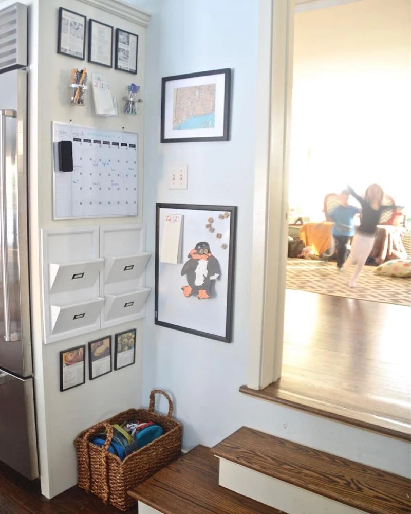 Kitchen End-Cap Command Center with Built-in White Mail Slots and Display Frames