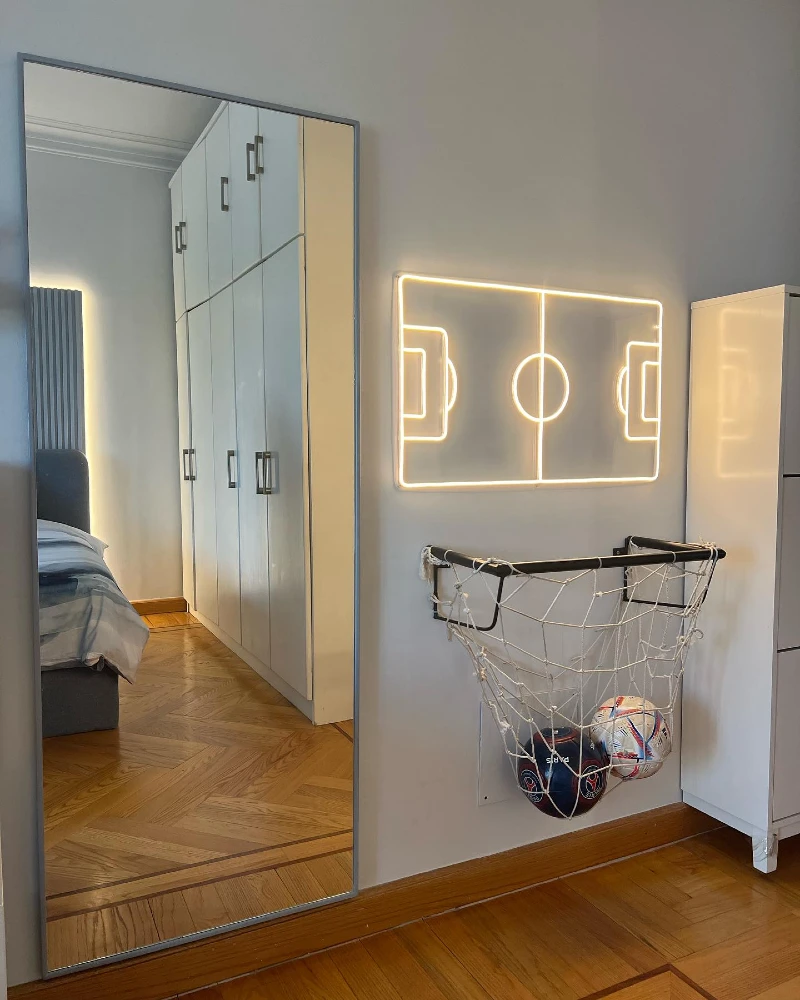 LED Soccer Pitch Wall Art with Wall-Mounted Net Ball Storage