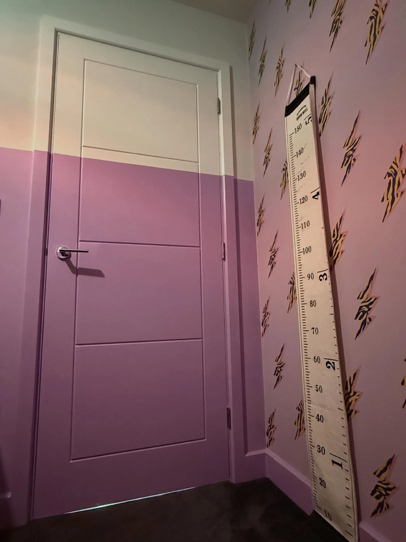 Lavender Half-Painted Door and Matching Patterned Lightning Bolt Wallpaper