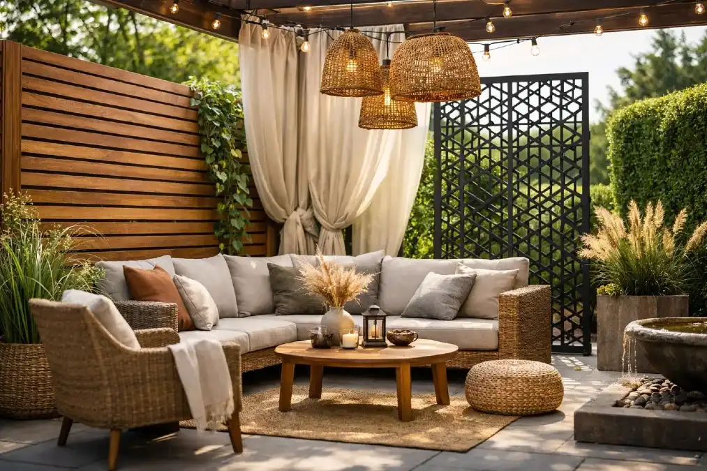 Layered Privacy Screens Under A Lighted Pergola